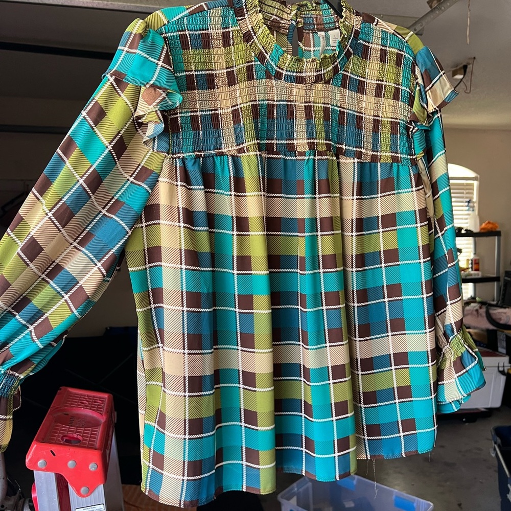 Cato Blue and Green Plaid Blouse